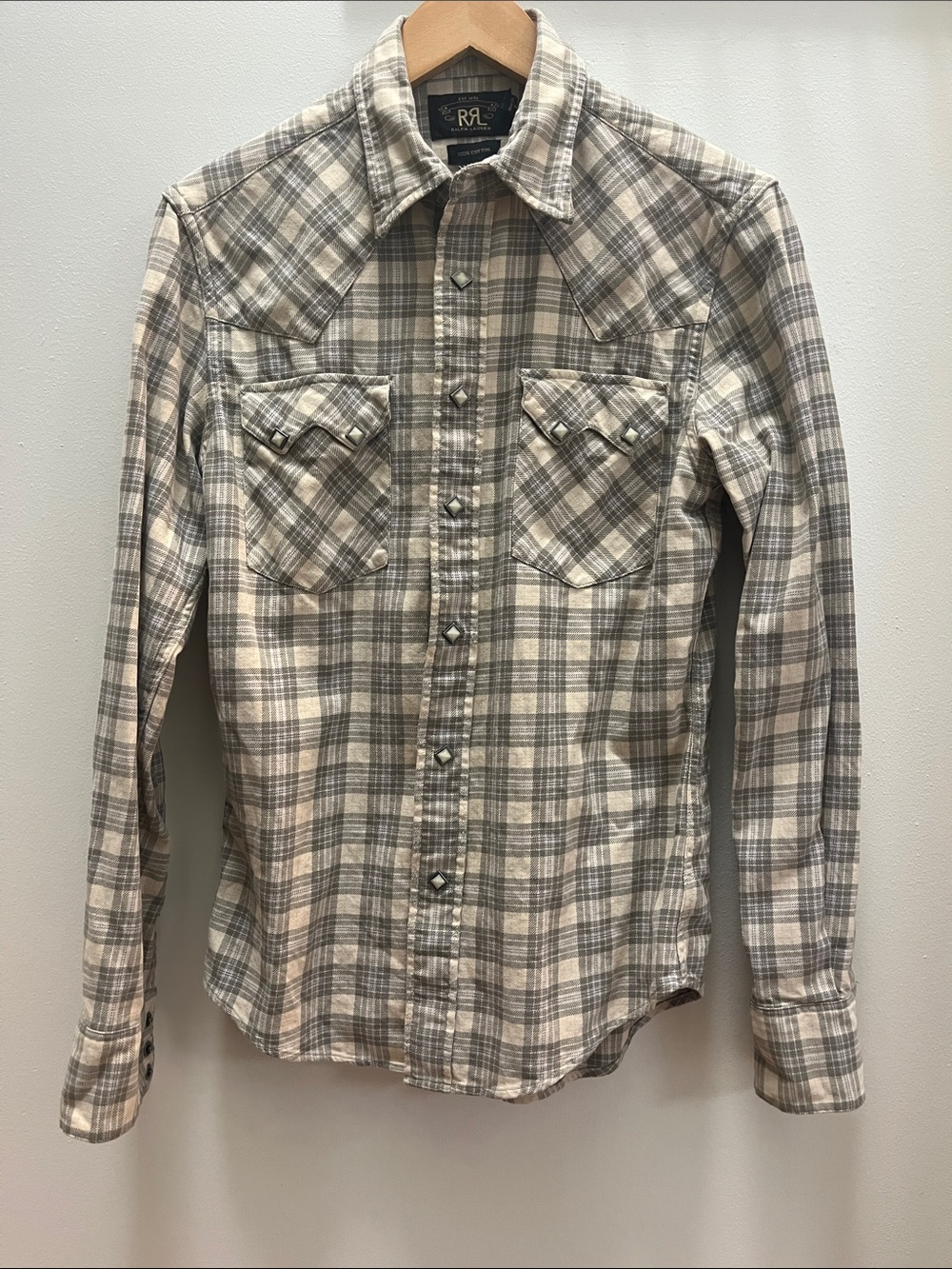 Ralph Lauren Double RL Beige and Gray Plaid Western Shirt Pearl Button Size 3